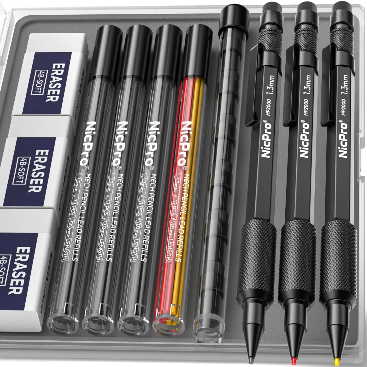 Nicpro 1.3mm Mechanical Pencils Set with 48 Lead Refills & 3 Erasers | 3-Pack (Black, Yellow, Red) | 0.21 kg (7.8 oz) - main product image