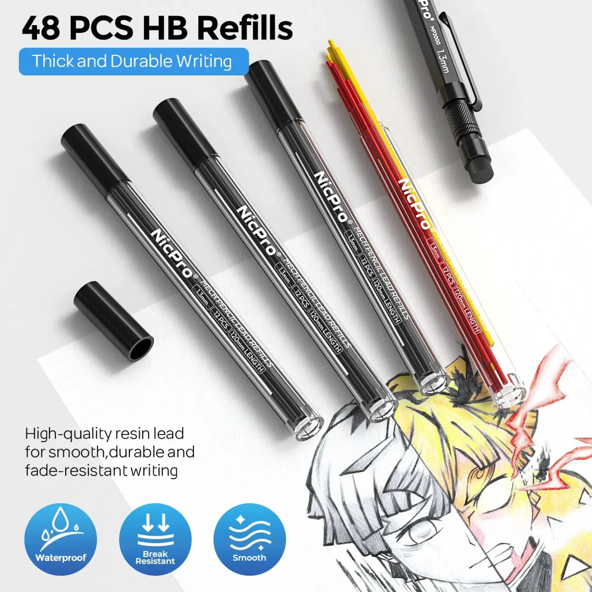 Nicpro 1.3mm Mechanical Pencils Set with 48 Lead Refills & 3 Erasers | 3-Pack (Black, Yellow, Red) | 0.21 kg (7.8 oz) - view 4