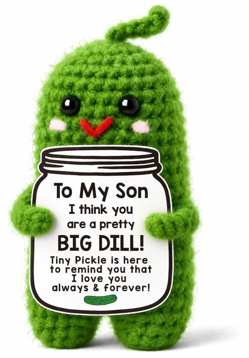 MAMAGIFTREE Handmade Crochet Pickle Plush Toy for Son - 5cm (2 inches) | "Pretty BIG DILL" Birthday Gift - main product image