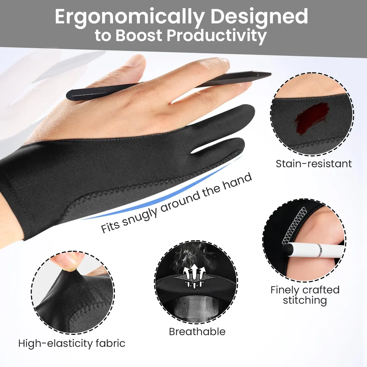 Kortimu Artist Drawing Glove: 3-Layer Palm Rejection for iPad & Tablets | Ambidextrous Fit, Breathable, 2-Pack - view 4