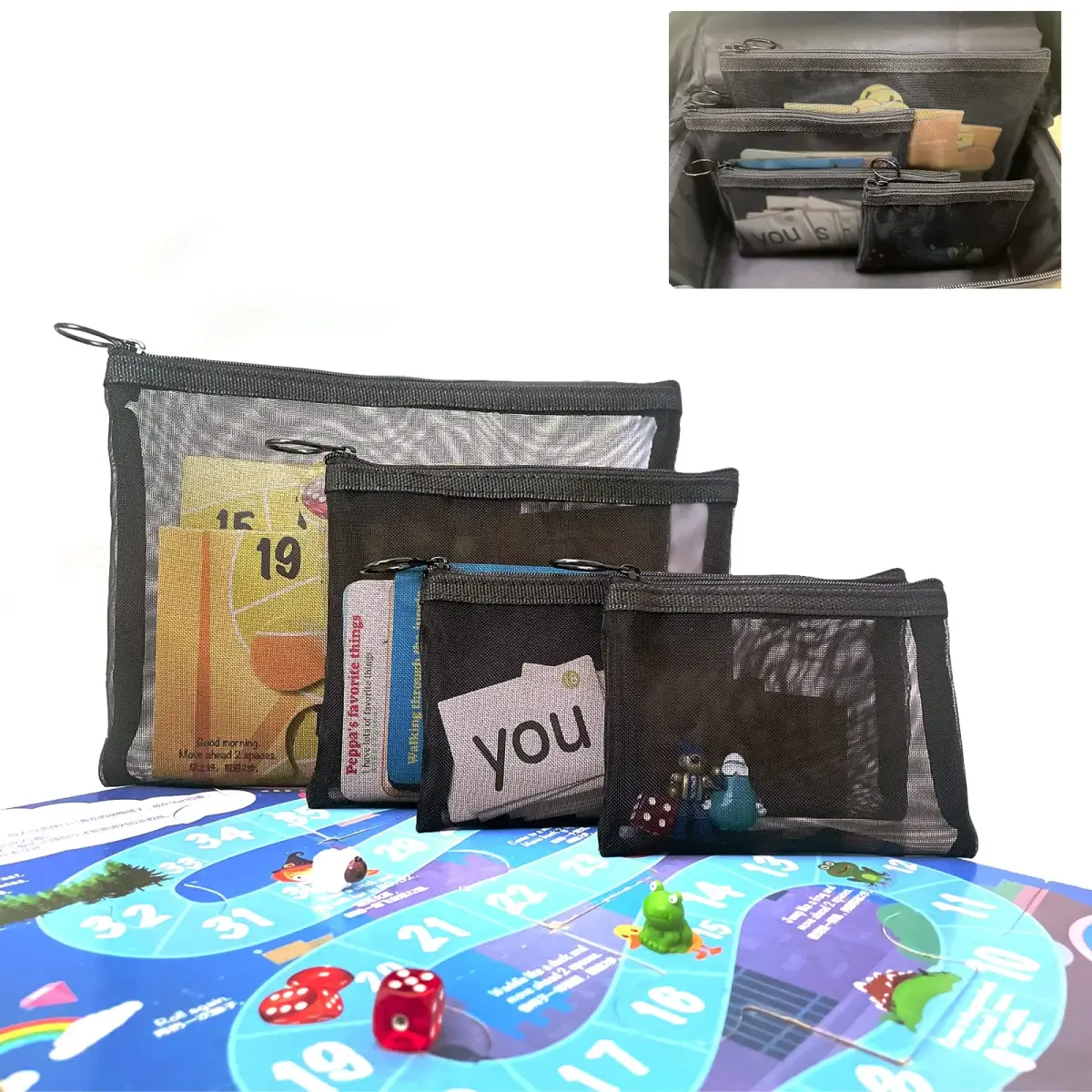patu Zipper Mesh Bags Set of 5 (XS/S/M/L & Long Pouch) Black | Lightweight Travel Toiletry Organizer - view 7