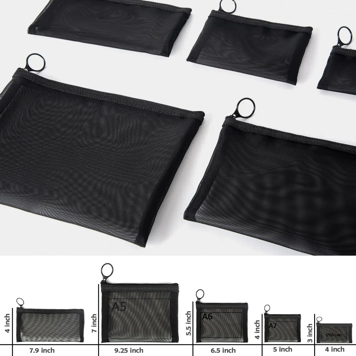 patu Zipper Mesh Bags Set of 5 (XS/S/M/L & Long Pouch) Black | Lightweight Travel Toiletry Organizer - view 3