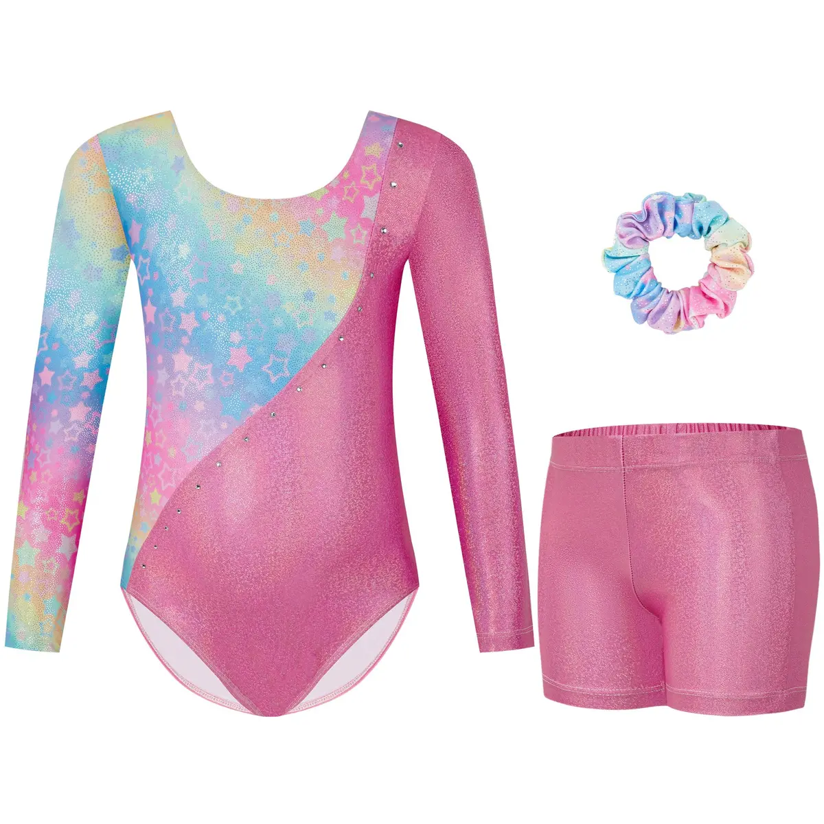 Gogokids Girls Long Sleeve 3 Pcs Gymnastics Leotard Set with Shorts & Hair Scrunchie, 8-9 Years - main product image
