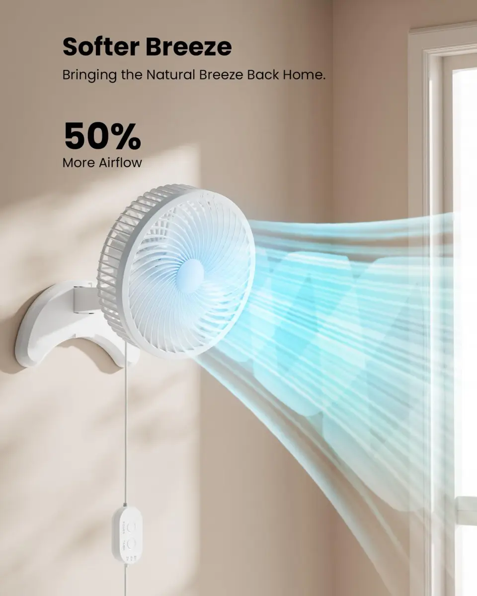 Koonie 8" Wall Mount Fan 35dB Quiet Operation | 3 Speeds, Timer, Remote Control, 10W Energy Efficient - view 3