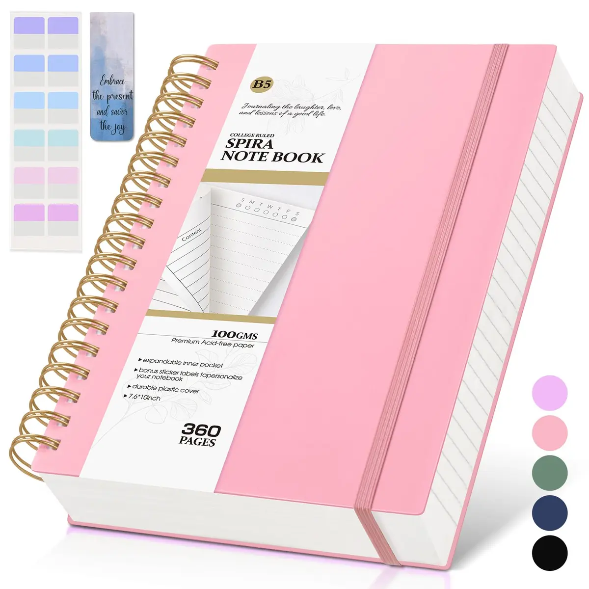 MUAHLIUB Pink Spiral Notebook Journal 360 Pages | Thick College Ruled, Water-Resistant Cover for Writing & School - main product image