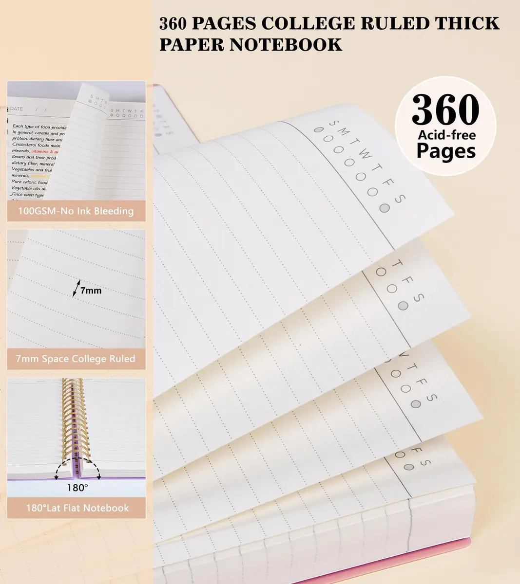 MUAHLIUB Pink Spiral Notebook Journal 360 Pages | Thick College Ruled, Water-Resistant Cover for Writing & School - view 5