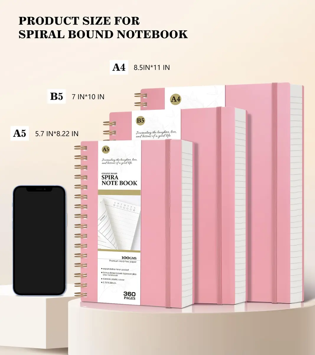 MUAHLIUB Pink Spiral Notebook Journal 360 Pages | Thick College Ruled, Water-Resistant Cover for Writing & School - view 3