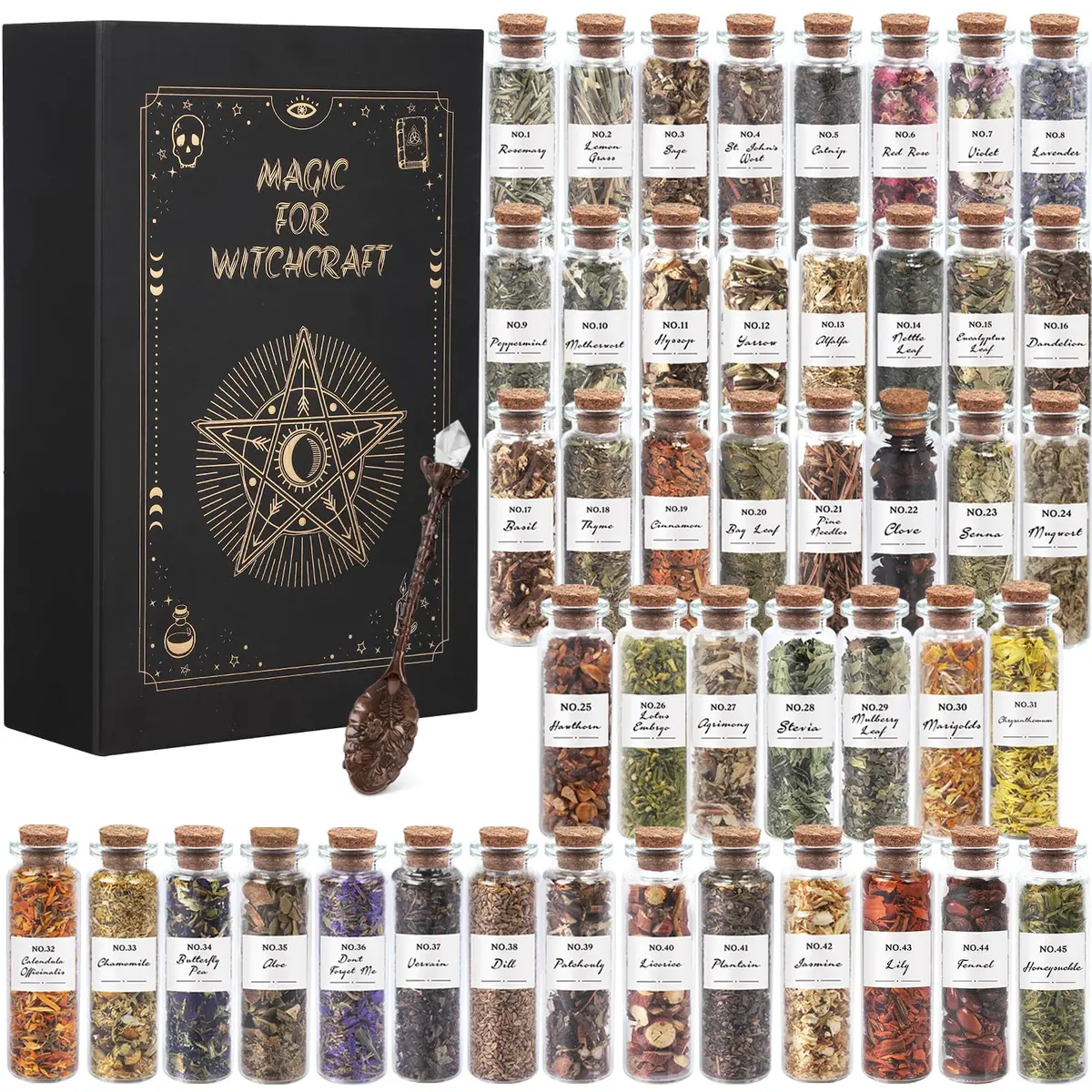 HOOMUU 45-Bottle Dried Herbs Kit for Witchcraft, Wicca Altar and Magic Spells | Natural Organic Herbs for Rituals and Spells - main product image