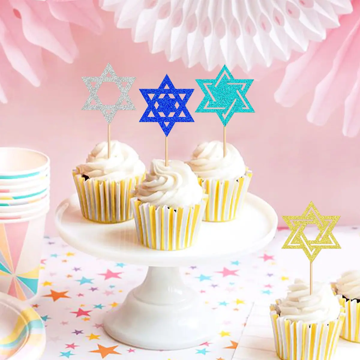 Keaziu Hanukkah Hexagram Cupcake Toppers 24 Pack | Star of David Cake Decor for Celebrations - view 5