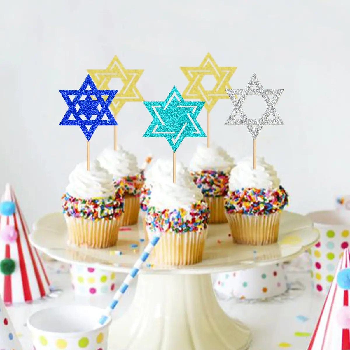 Keaziu Hanukkah Hexagram Cupcake Toppers 24 Pack | Star of David Cake Decor for Celebrations - view 2
