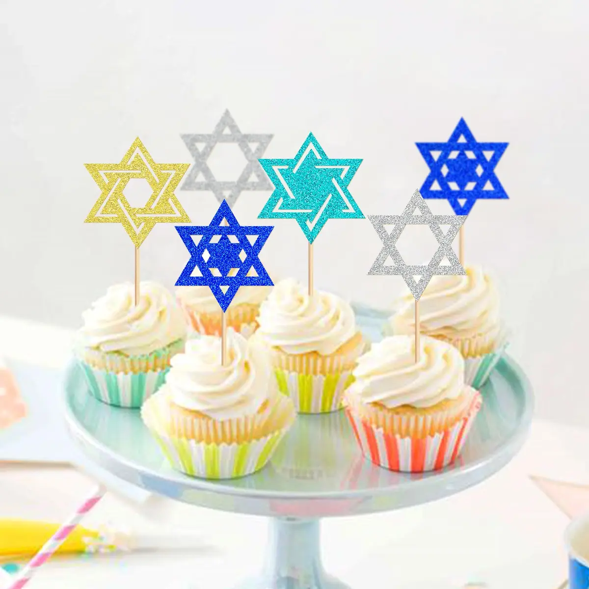 Keaziu Hanukkah Hexagram Cupcake Toppers 24 Pack | Star of David Cake Decor for Celebrations - view 3