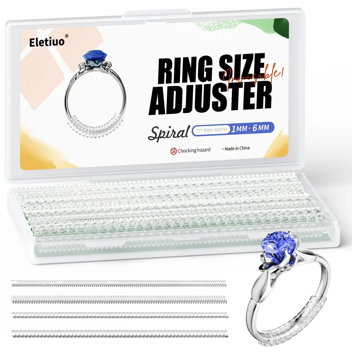 ELETIUO Ring Size Adjuster 16 Pack Invisible Silicone Guards in 4 Sizes for Loose Rings | Spiral Tighteners Resizer for Men and Women - main product image