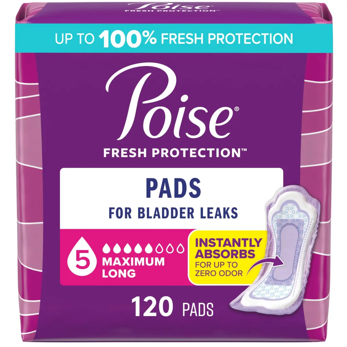 Poise Maximum Absorbency Incontinence Pads Long Length 120 Count (2 Packs of 60) | Odor Control & 12-Hour Protection - main product image