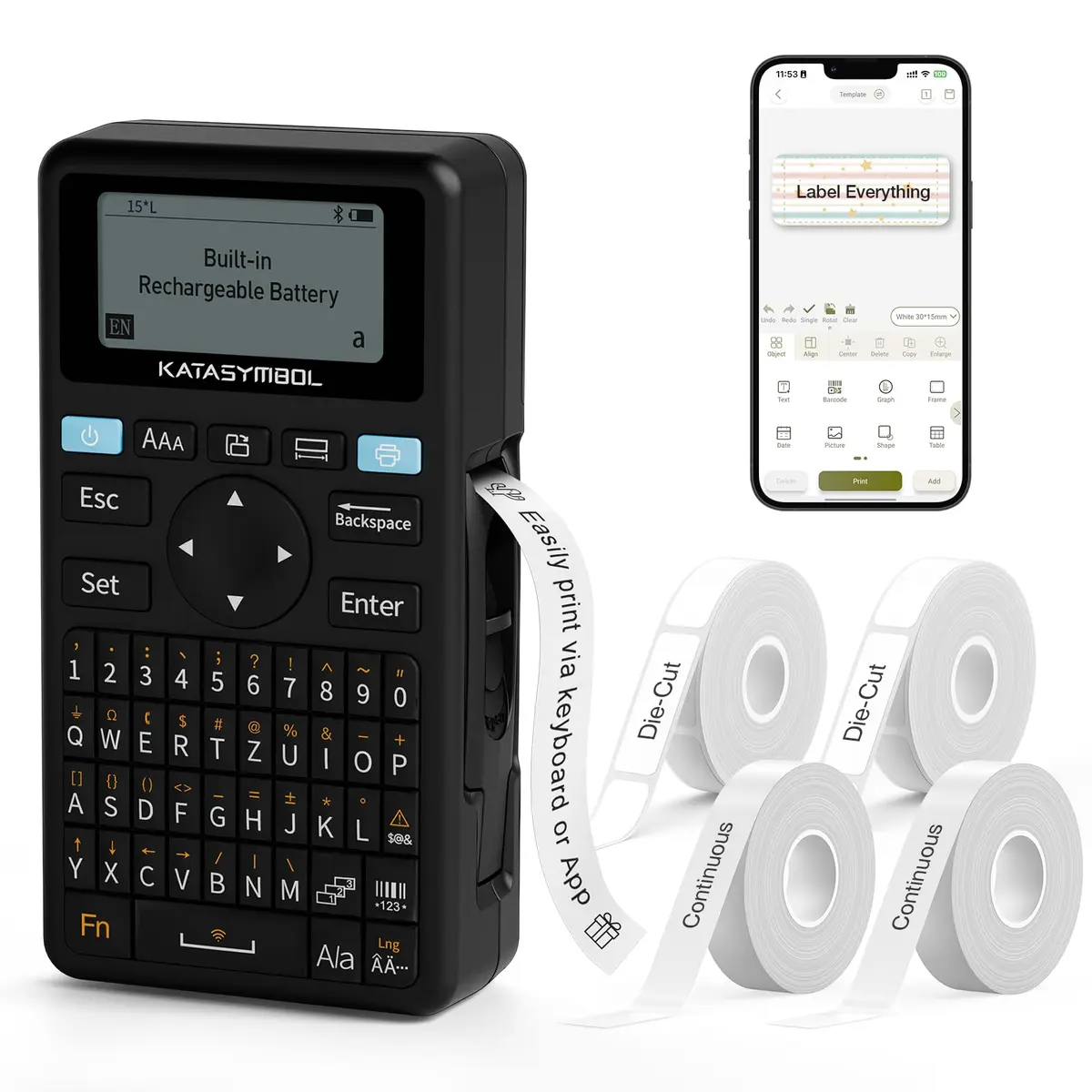 SUPVAN E11 Bluetooth Label Maker Machine with 4 Tapes & Keyboard | 14.7cm (5.8") Black - main product image