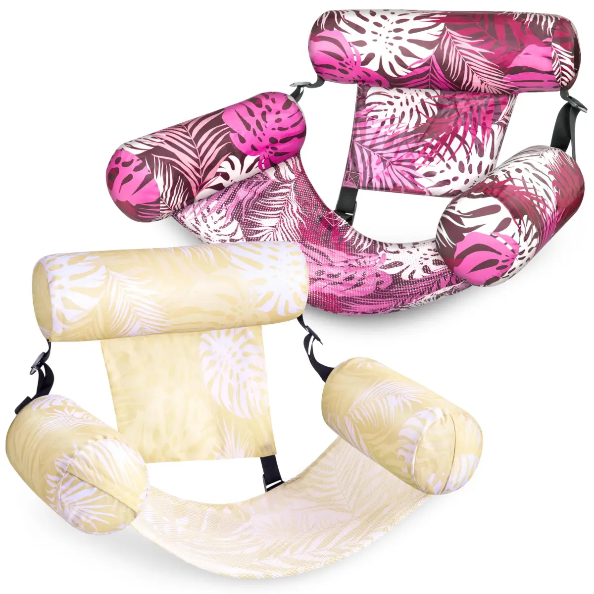 Sloosh Inflatable Pool Floats Lounge Chairs 2-Pack | Tropical Leaves-Champagne, Pink (2 Chairs) - main product image