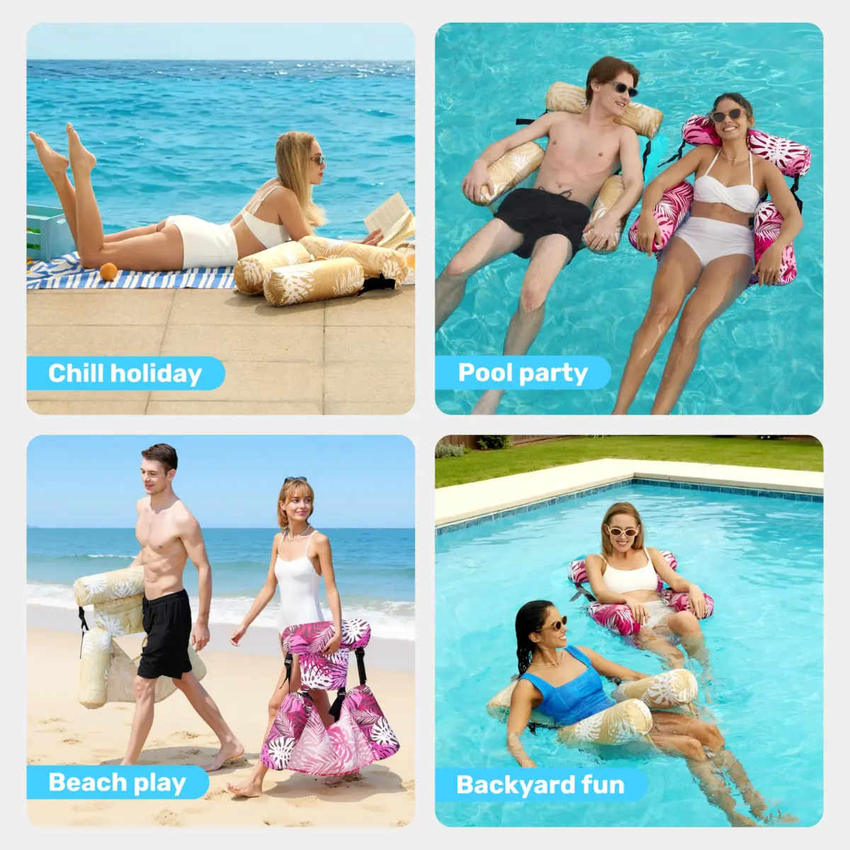 Sloosh Inflatable Pool Floats Lounge Chairs 2-Pack | Tropical Leaves-Champagne, Pink (2 Chairs) - view 8