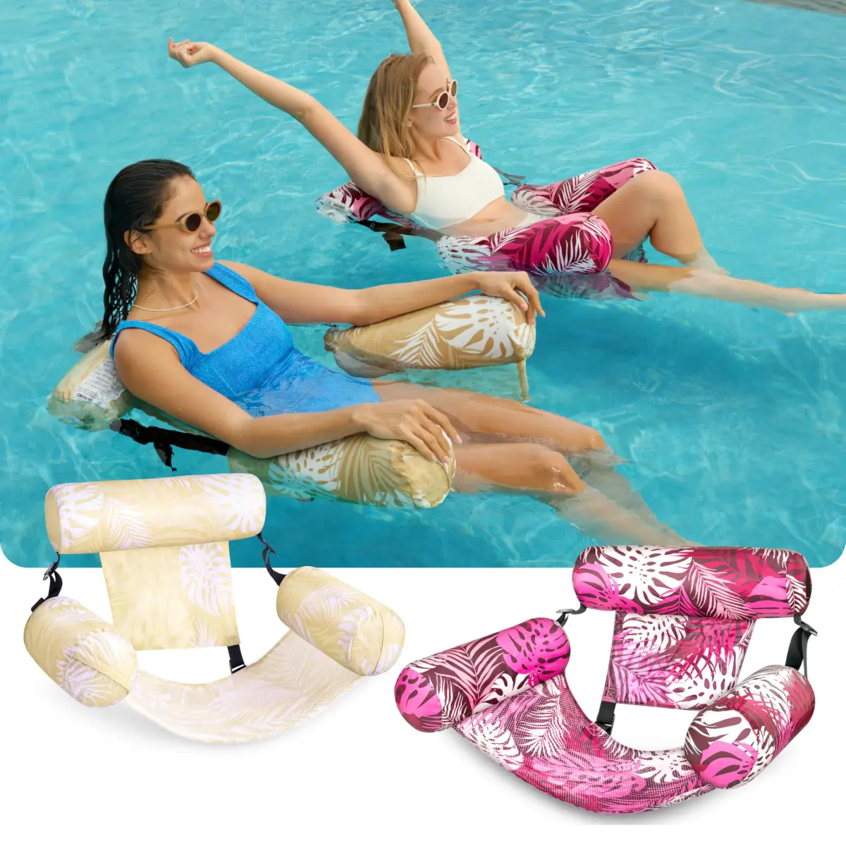 Sloosh Inflatable Pool Floats Lounge Chairs 2-Pack | Tropical Leaves-Champagne, Pink (2 Chairs) - view 2