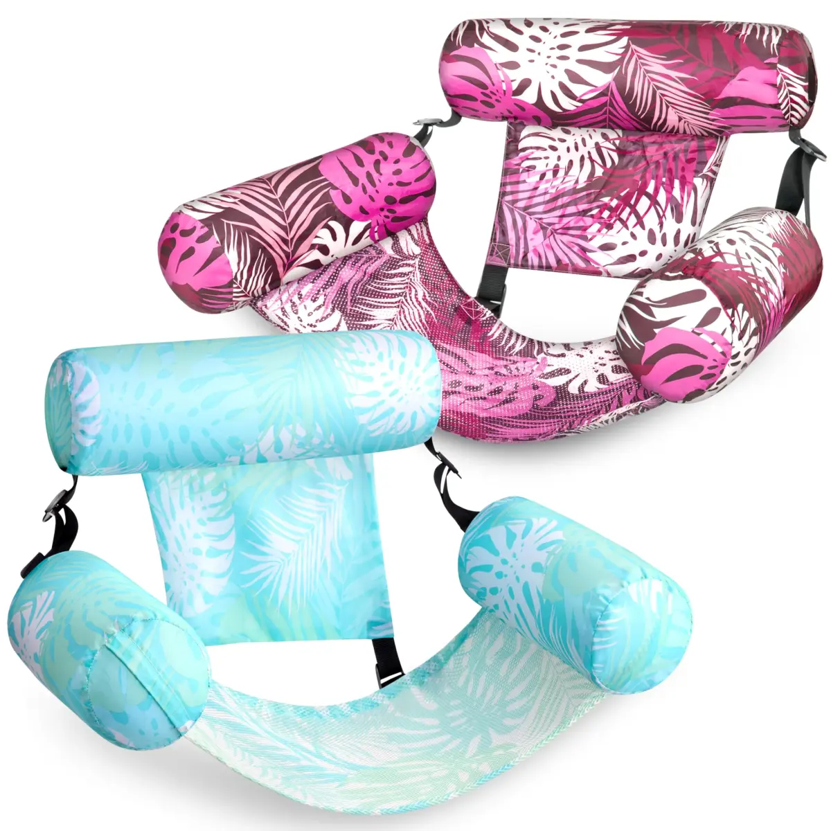 Sloosh Inflatable Pool Floats Adult Lounge Chairs 2-Pack | Tropical Leaves-Cyan, Pink (76c) - main product image