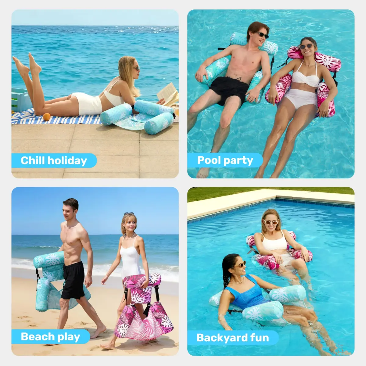 Sloosh Inflatable Pool Floats Adult Lounge Chairs 2-Pack | Tropical Leaves-Cyan, Pink (76c) - view 7