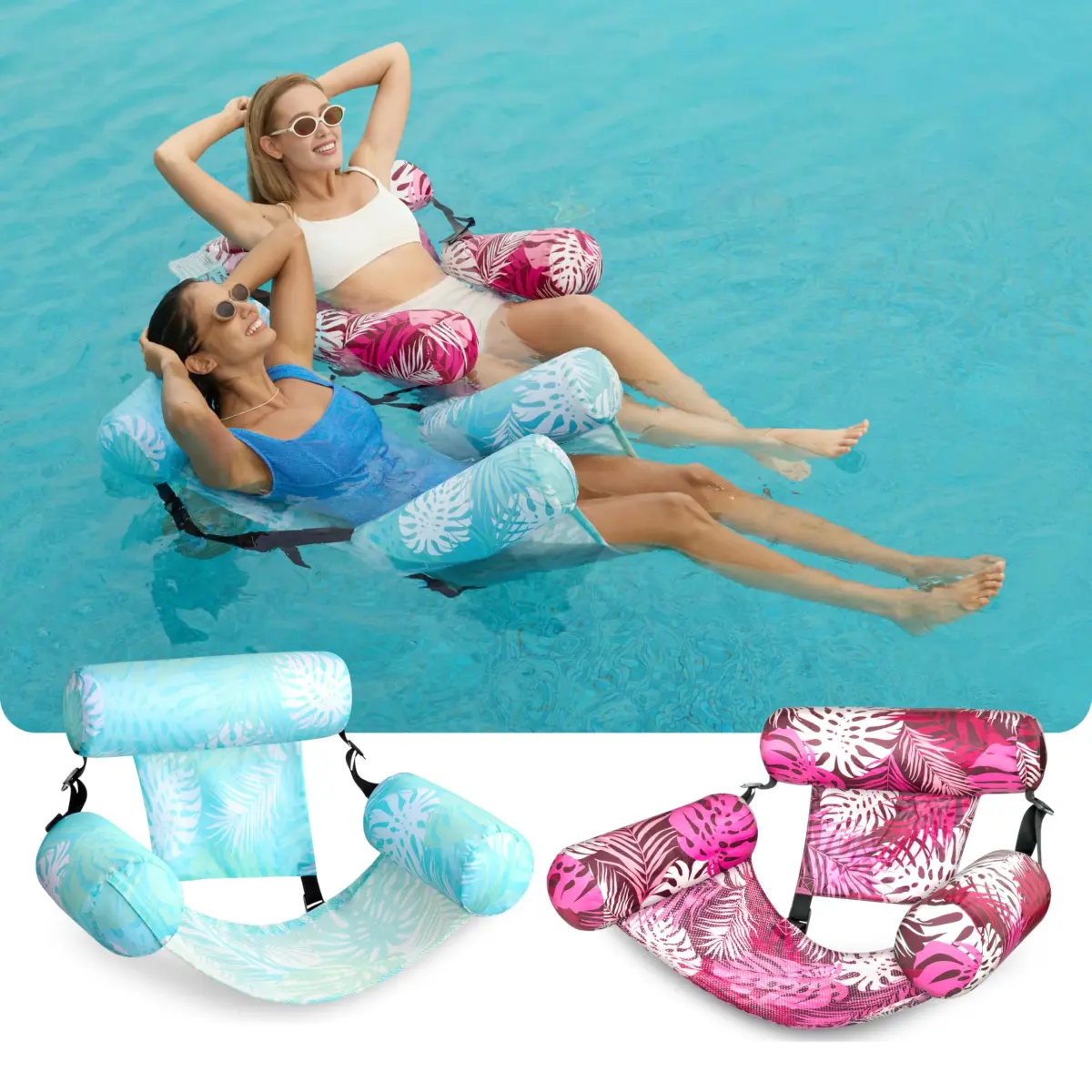 Sloosh Inflatable Pool Floats Adult Lounge Chairs 2-Pack | Tropical Leaves-Cyan, Pink (76c) - view 2