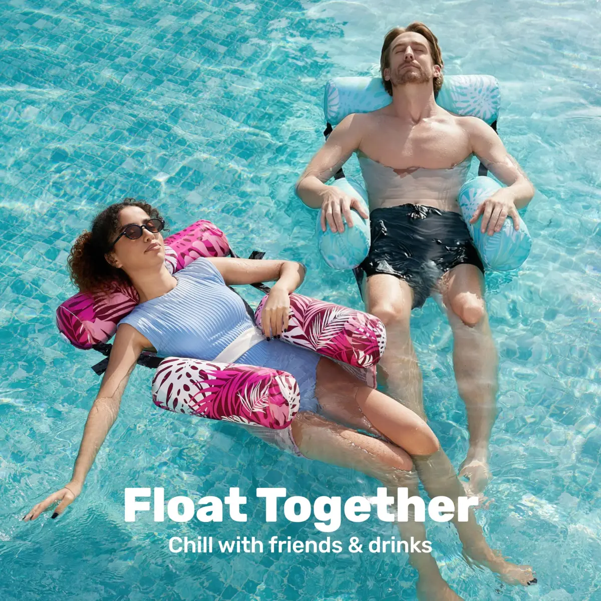 Sloosh Inflatable Pool Floats Adult Lounge Chairs 2-Pack | Tropical Leaves-Cyan, Pink (76c) - view 3