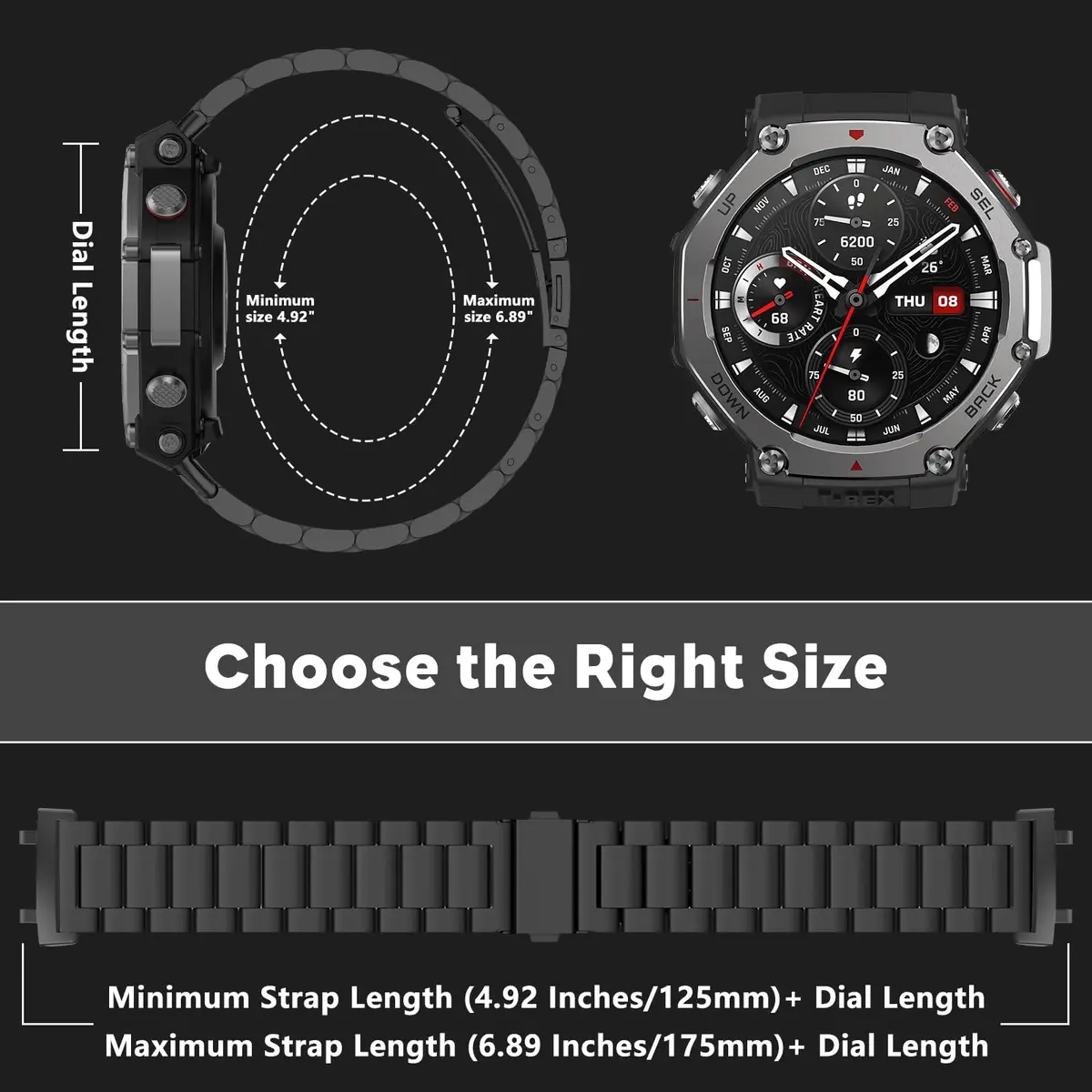 CeiLarv Stainless Steel Watch Band for Amazfit T-Rex 3, 22mm (Black) | Polished Metal Strap with Quick Release - view 4