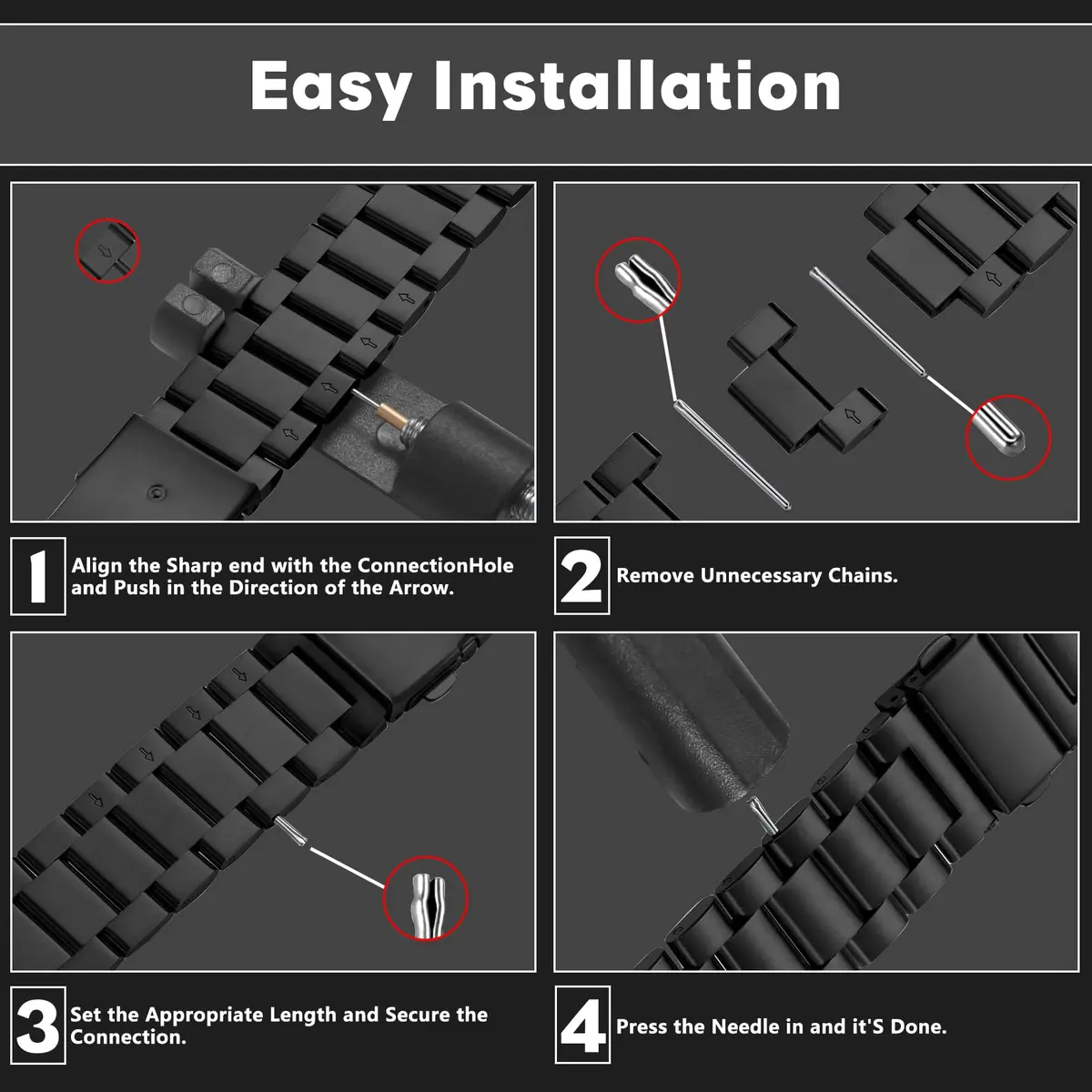 CeiLarv Stainless Steel Watch Band for Amazfit T-Rex 3, 22mm (Black) | Polished Metal Strap with Quick Release - view 5