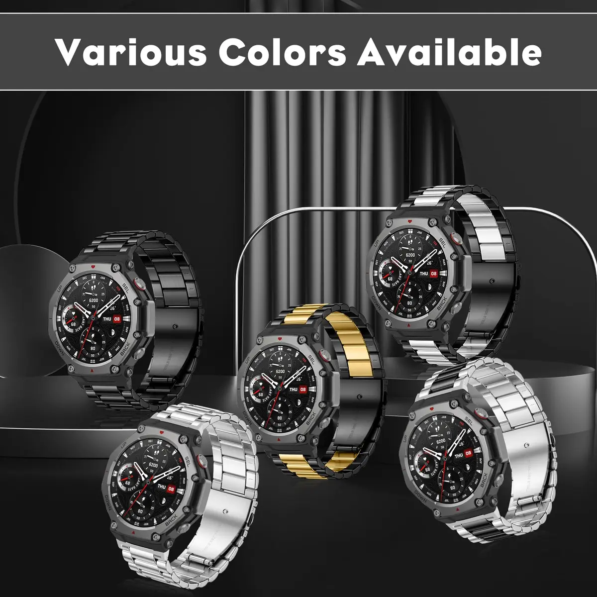 CeiLarv Stainless Steel Watch Band for Amazfit T-Rex 3, 22mm (Black) | Polished Metal Strap with Quick Release - view 6