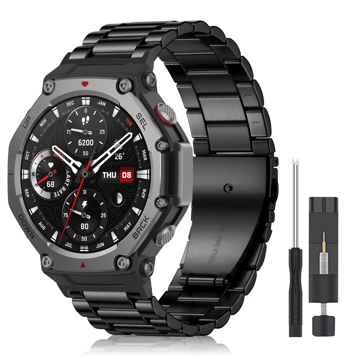 CeiLarv Stainless Steel Watch Band for Amazfit T-Rex 3, 22mm (Black) | Polished Metal Strap with Quick Release - main product image