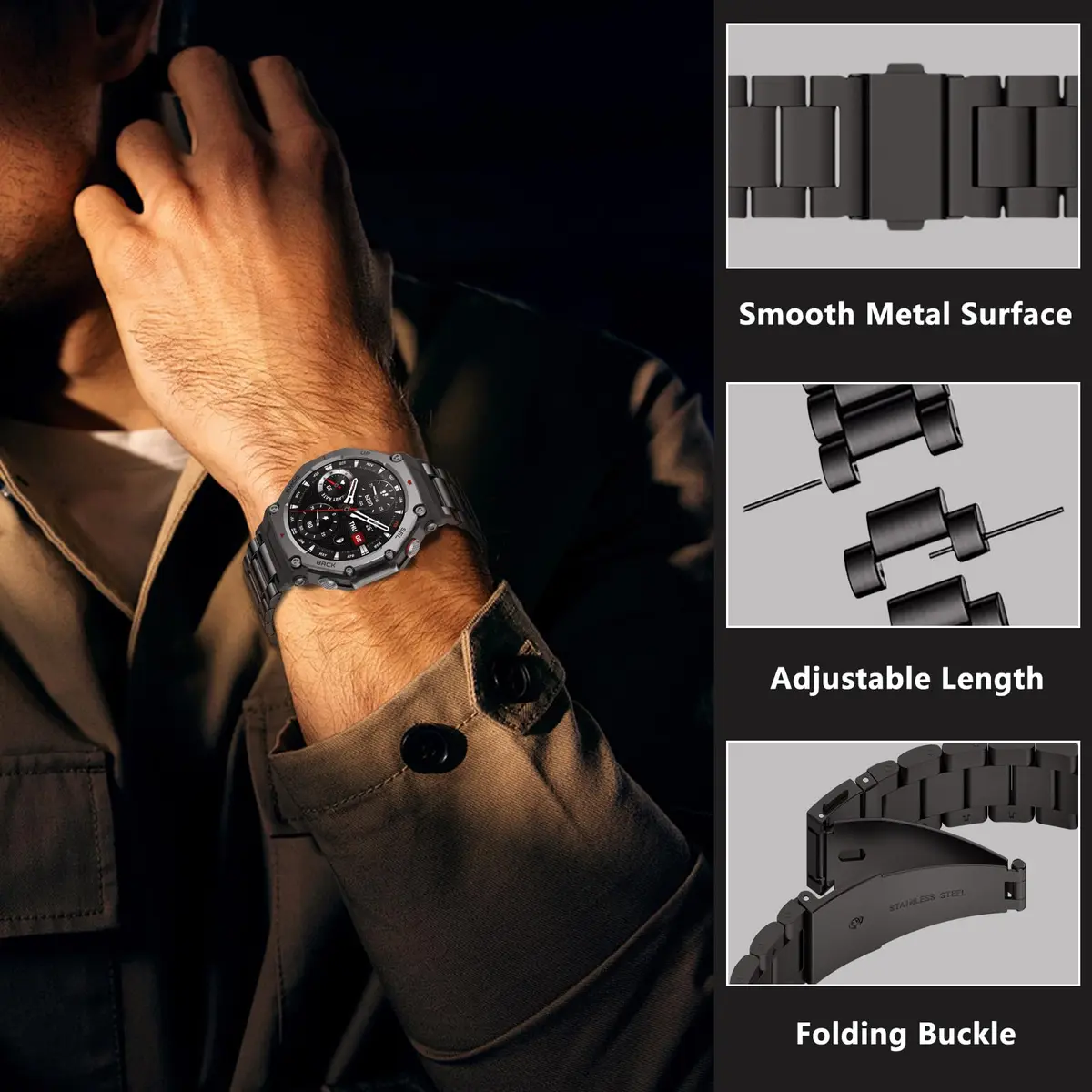 CeiLarv Stainless Steel Watch Band for Amazfit T-Rex 3, 22mm (Black) | Polished Metal Strap with Quick Release - view 2