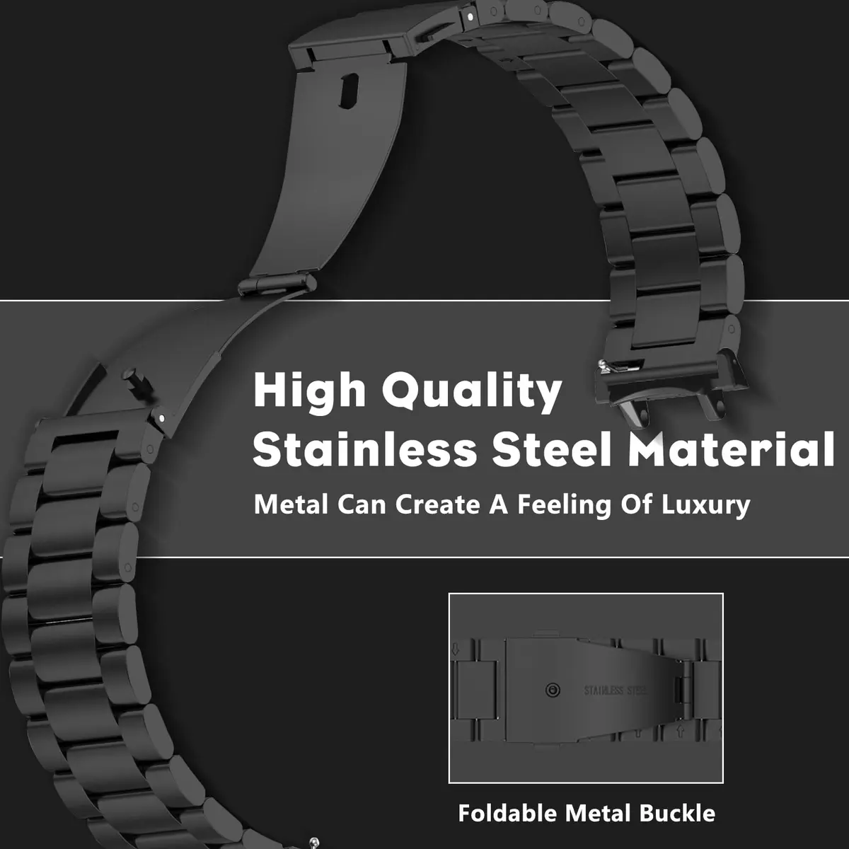 CeiLarv Stainless Steel Watch Band for Amazfit T-Rex 3, 22mm (Black) | Polished Metal Strap with Quick Release - view 3
