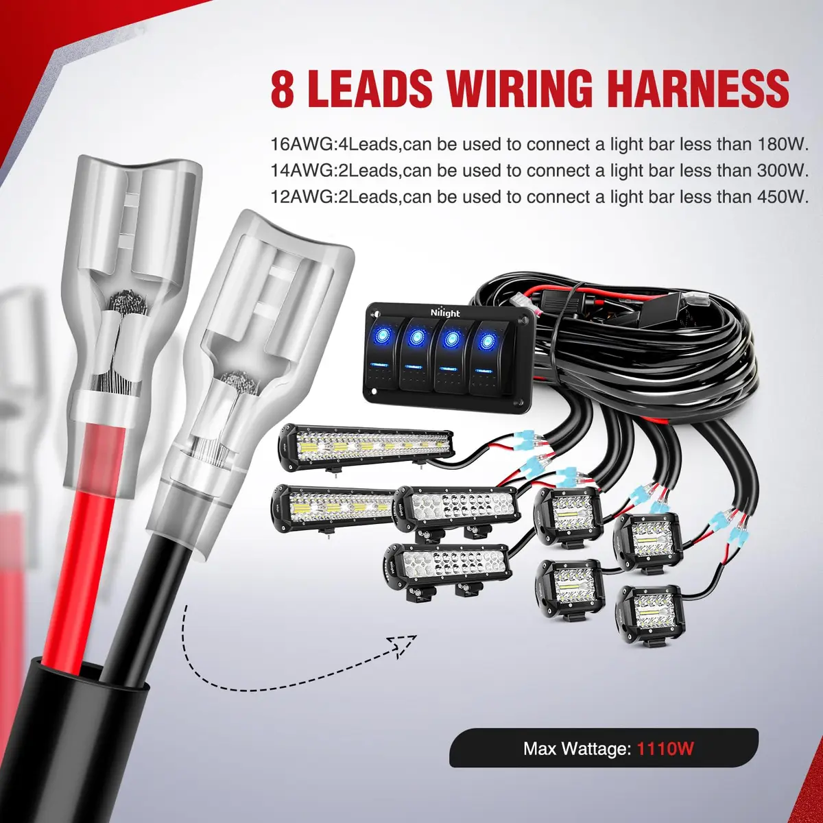 Nilight 4 Gang Rocker Switch Panel Wiring Harness Kit 12V | 16AWG 14AWG 12AWG Power Relay Blade Fuse 5Pin 4 Gang Toggle Switches for Cars Boat ATV Trucks-8 Leads - view 2
