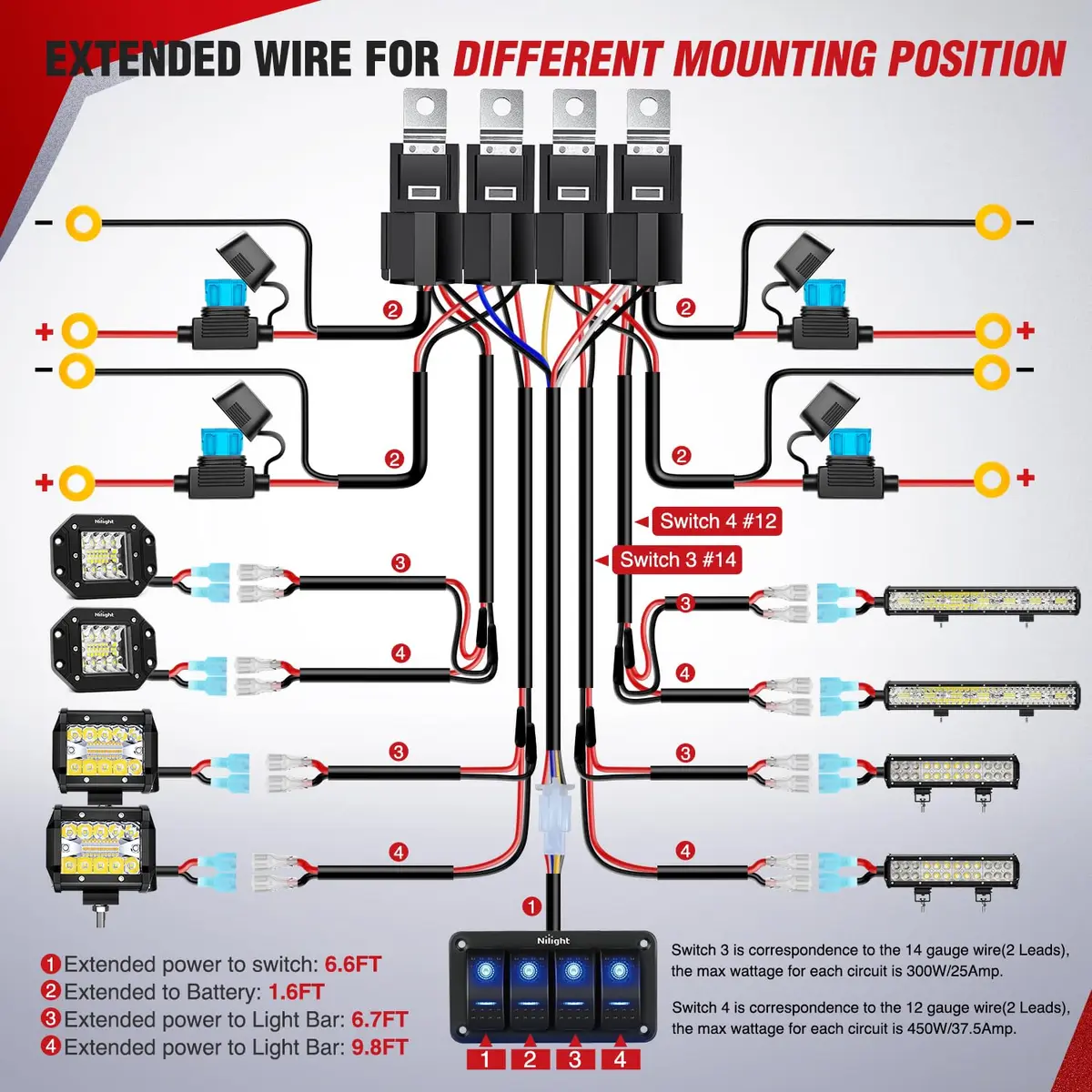 Nilight 4 Gang Rocker Switch Panel Wiring Harness Kit 12V | 16AWG 14AWG 12AWG Power Relay Blade Fuse 5Pin 4 Gang Toggle Switches for Cars Boat ATV Trucks-8 Leads - view 3