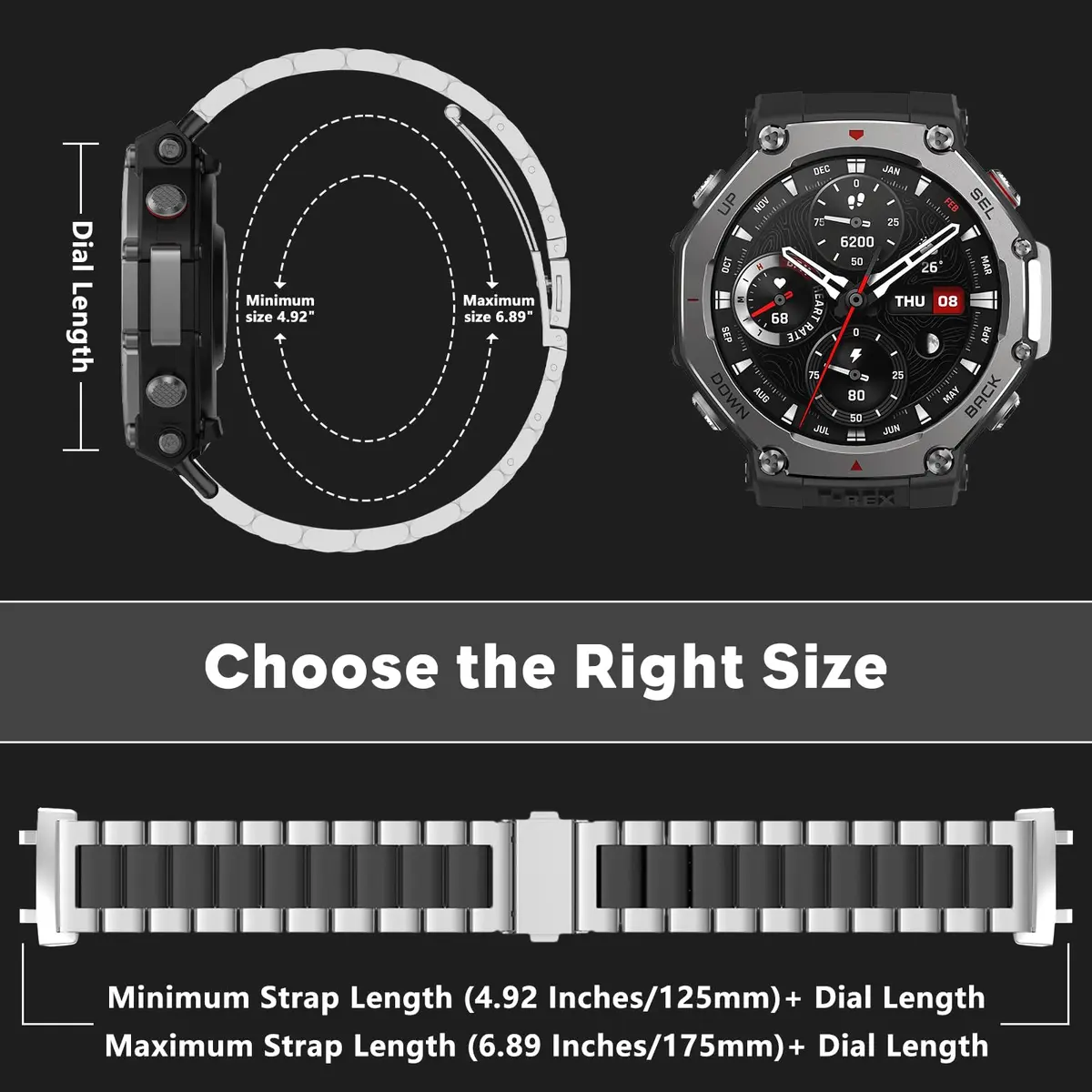 CeiLarv Metal Watch Band for Amazfit T-Rex 3 | Silver Black 2.2cm (0.87in) - view 4