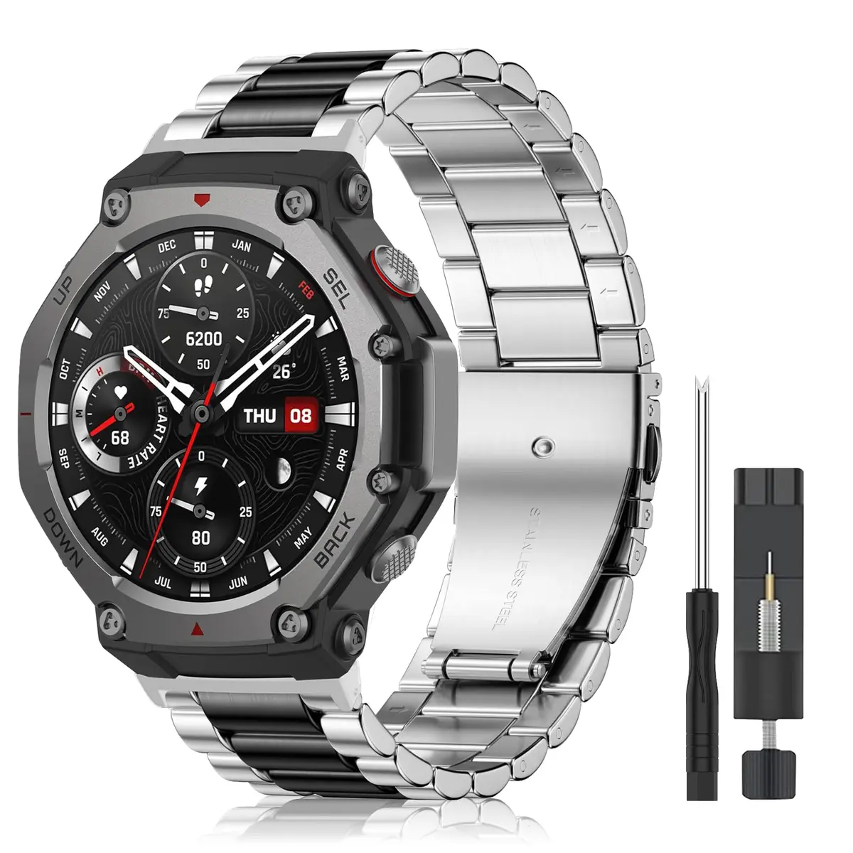 CeiLarv Metal Watch Band for Amazfit T-Rex 3 | Silver Black 2.2cm (0.87in) - main product image