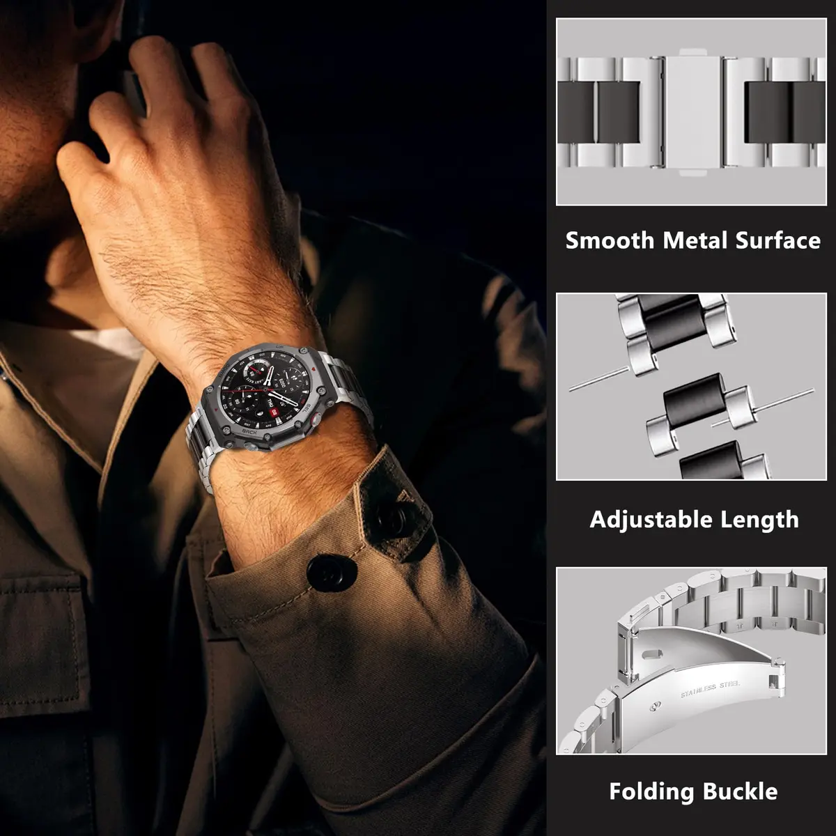 CeiLarv Metal Watch Band for Amazfit T-Rex 3 | Silver Black 2.2cm (0.87in) - view 2