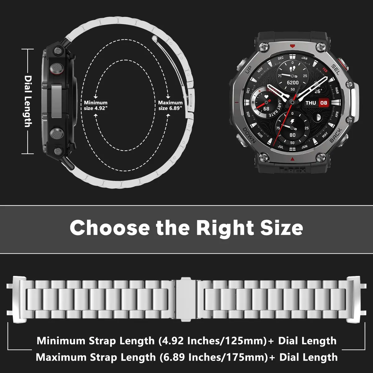 CeiLarv Metal Watch Band for Amazfit T-Rex 3 | Stainless Steel, Adjustable, Silver - view 4