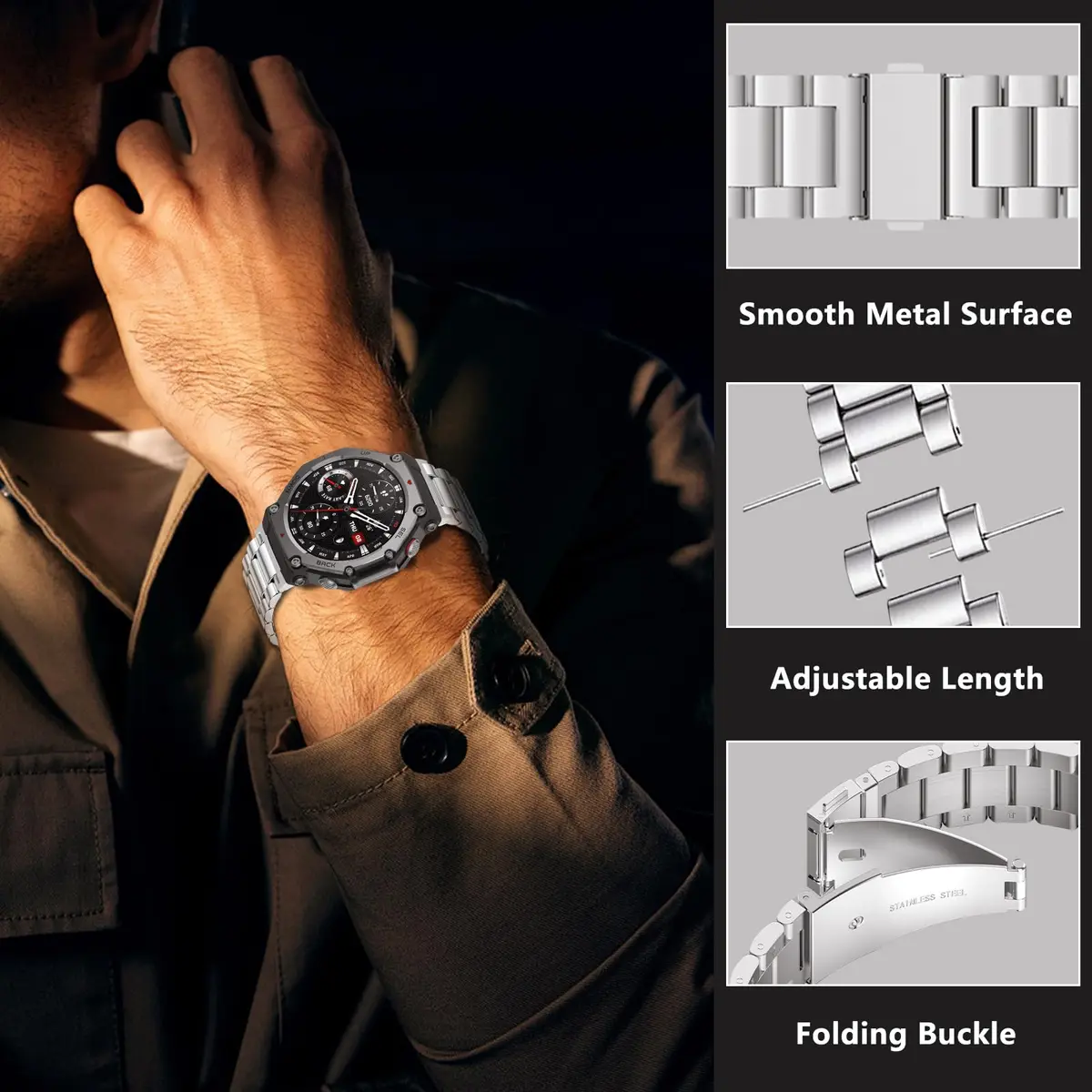 CeiLarv Metal Watch Band for Amazfit T-Rex 3 | Stainless Steel, Adjustable, Silver - view 2