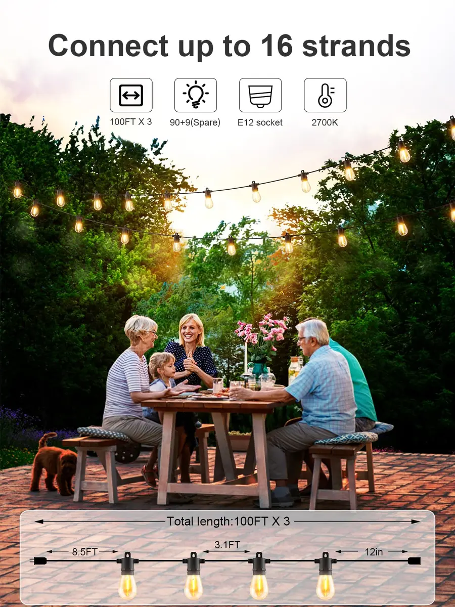 Svater 300 FT Outdoor String Lights Waterproof Waterproof IP65, 120V, 50 Lumens, Black - view 3
