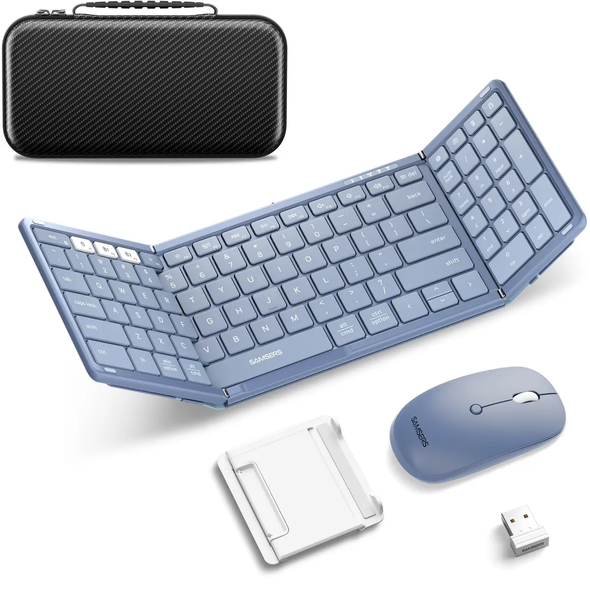 Samsers Foldable Bluetooth Keyboard and Mouse Combo - Full-Size Portable Travel Keyboard & Rechargeable Wireless Mouse for Windows Android iOS Mac OS, Young Blue - main product image