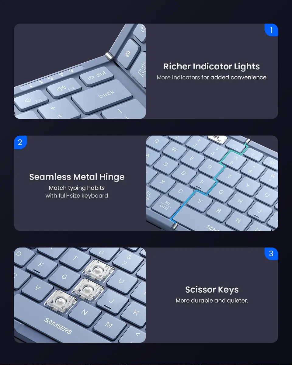 Samsers Foldable Bluetooth Keyboard and Mouse Combo - Full-Size Portable Travel Keyboard & Rechargeable Wireless Mouse for Windows Android iOS Mac OS, Young Blue - view 6