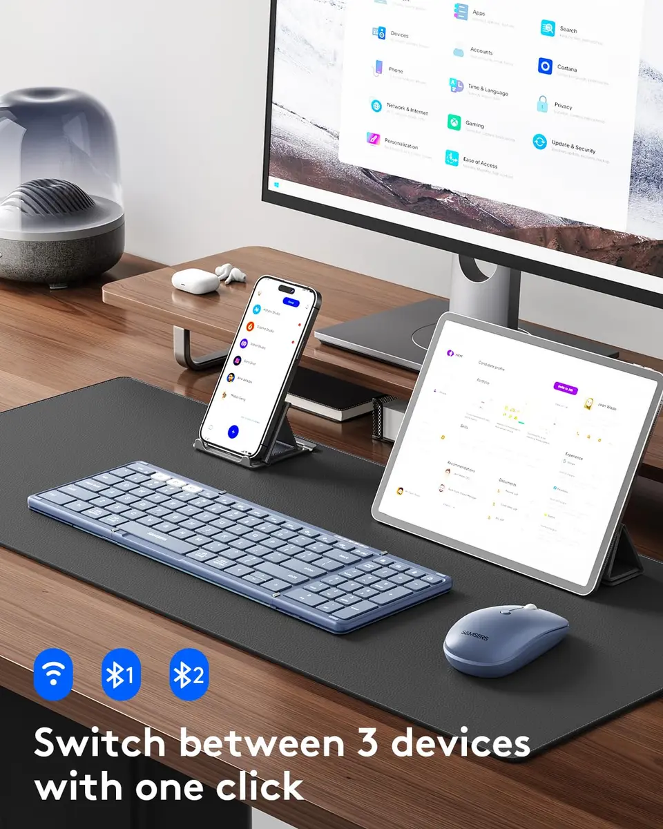 Samsers Foldable Bluetooth Keyboard and Mouse Combo - Full-Size Portable Travel Keyboard & Rechargeable Wireless Mouse for Windows Android iOS Mac OS, Young Blue - view 2