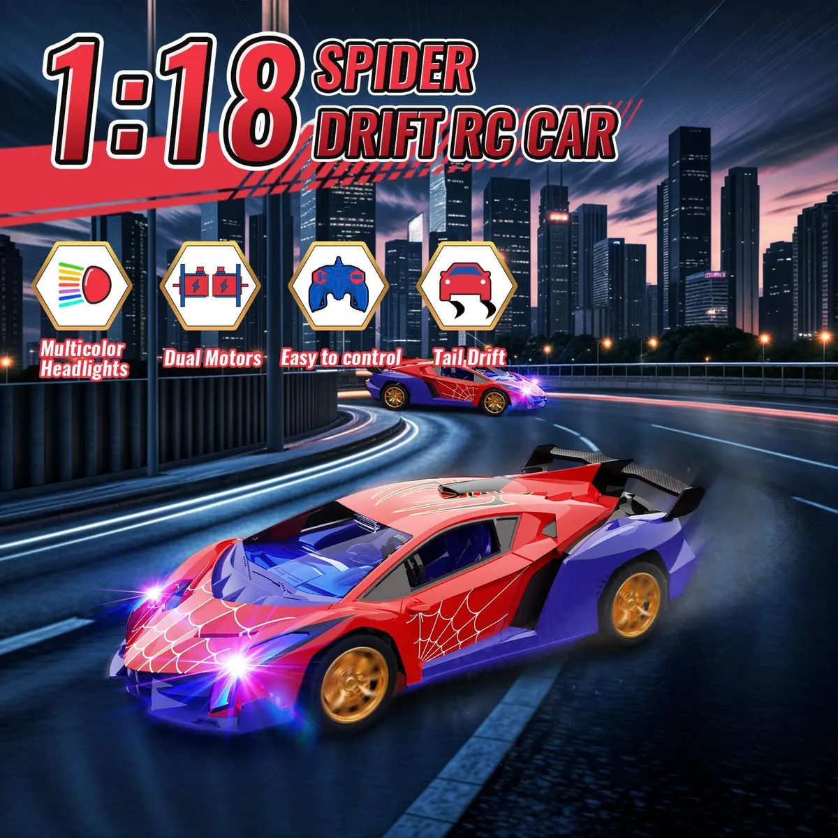 ZIROKAY Spider Remote Control Car with Multi-Color Flash Lights & Drift Action, 25.5cm (10.04 in) | Ages 3-12 - view 3