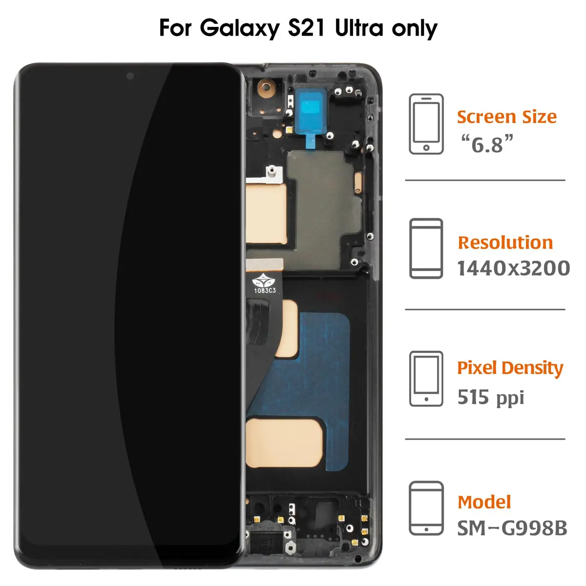 Olivechard Black Wireless Accessory Replacement Screen for Galaxy S21 Ultra | InCell LCD & Frame - view 2