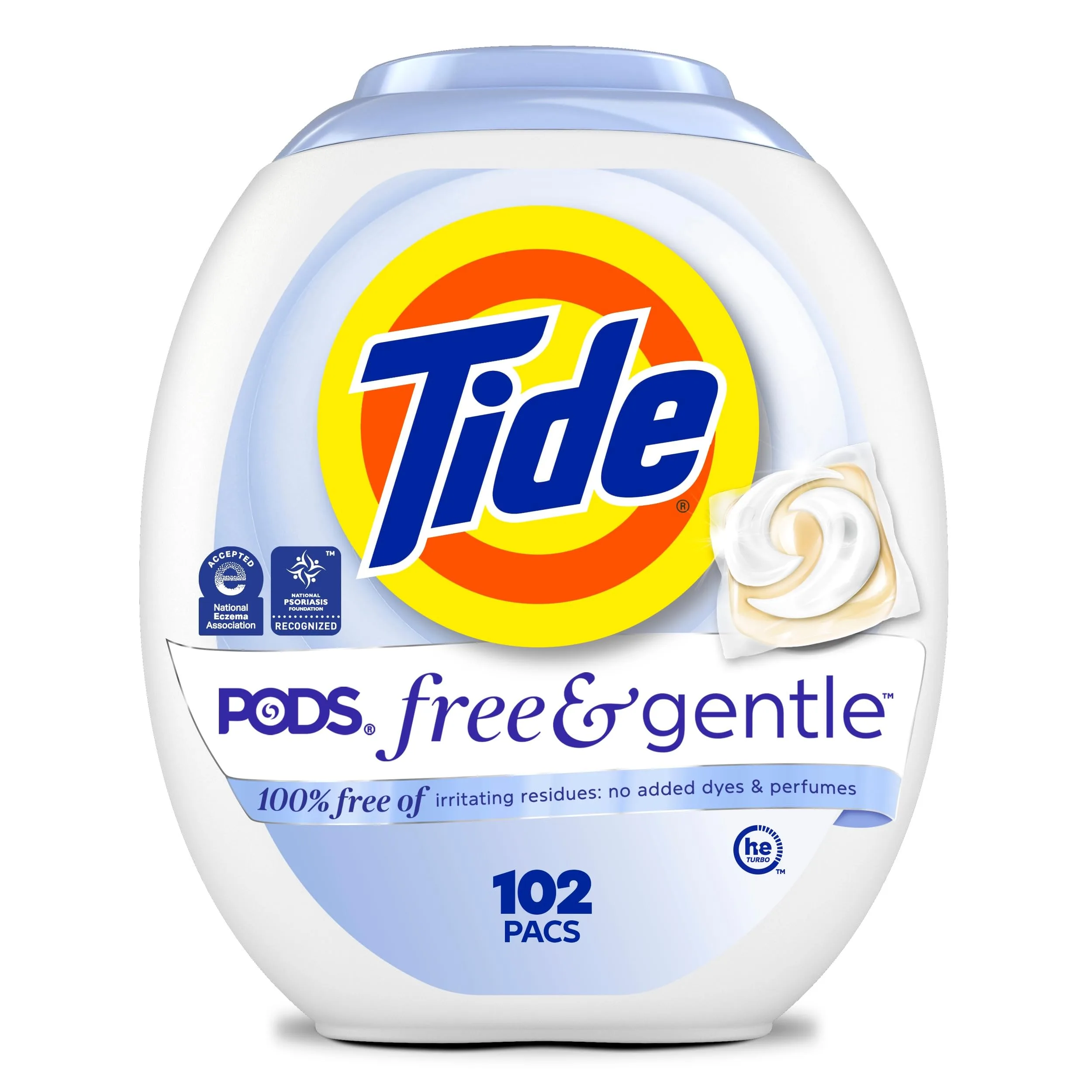 Tide PODS Free & Gentle Laundry Detergent Pacs, 102 Count | Hypoallergenic & Dye-Free Formula - main product image