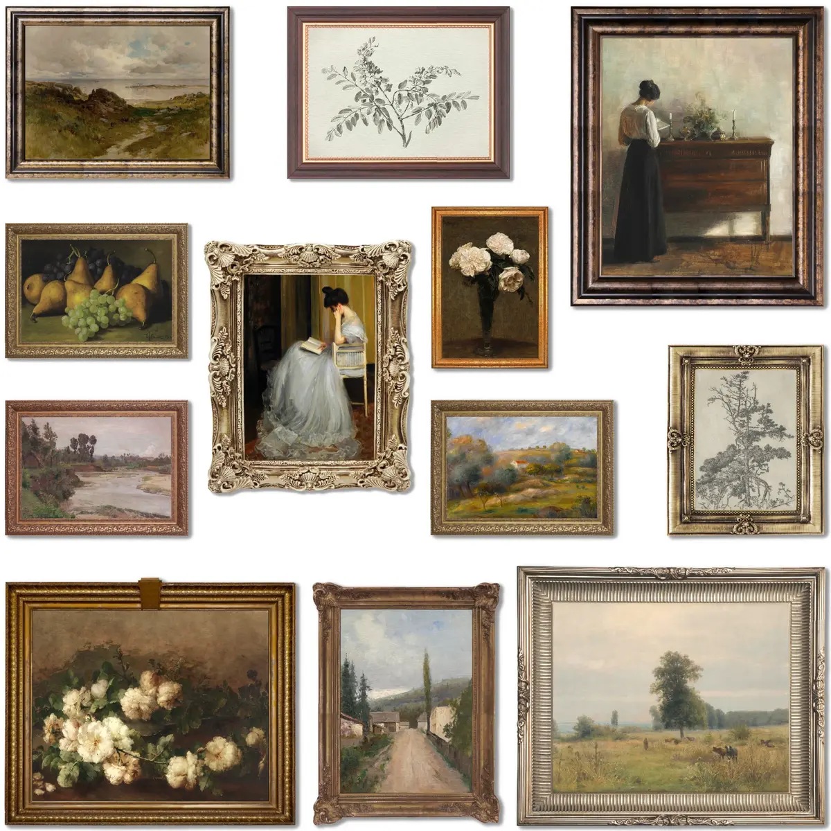 LANCHI95 12 Pcs Unframed Vintage Moody Reading Art - Dark Academia Decor, Vintage Posters for Room, Moody gallery wall art, Eclectic French Country Pictures Wall Decor for Bedroom - main product image