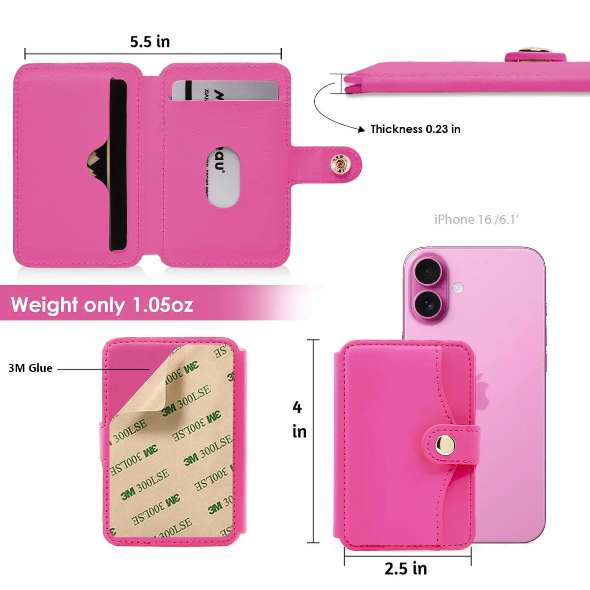 M-Plateau Card Holder for Back of Phone | Slim Leather Wallet with Kickstand (4 cards, Rose Red) - view 6