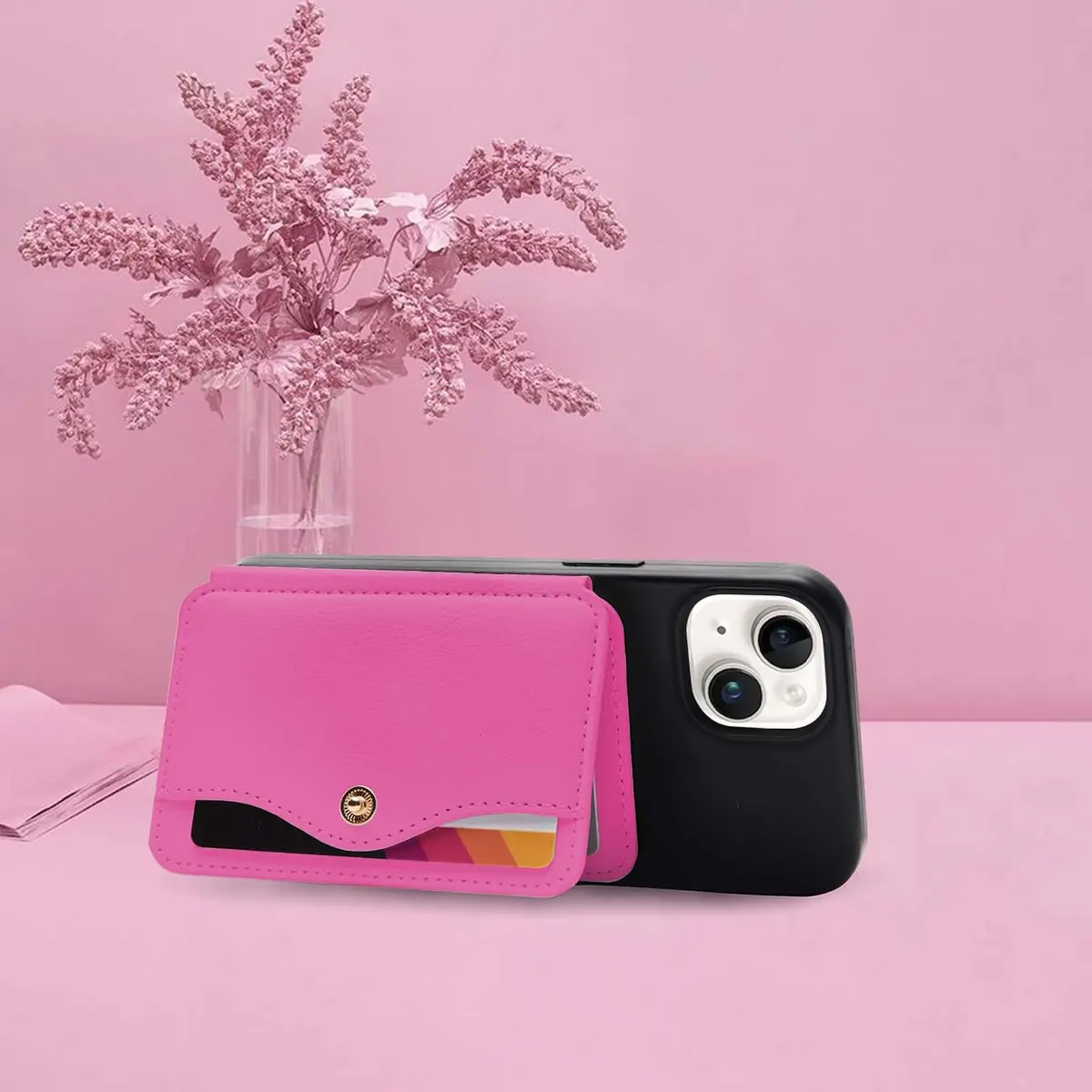 M-Plateau Card Holder for Back of Phone | Slim Leather Wallet with Kickstand (4 cards, Rose Red) - view 4