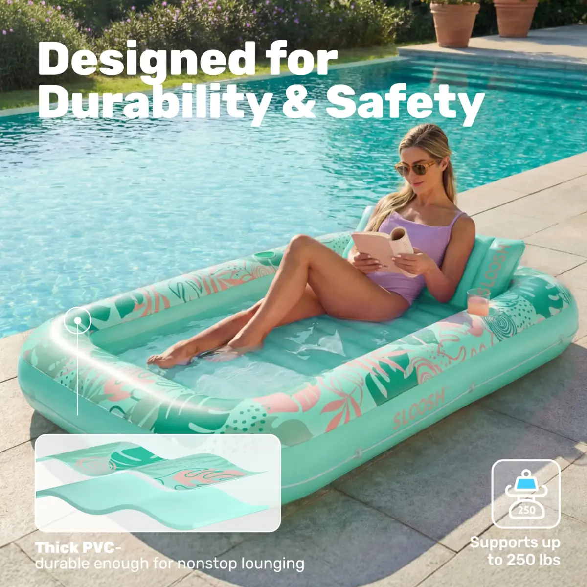 Sloosh Inflatable Tanning Pool Lounger Float 203cm x 117cm (80" x 46") | Personal Sunbathing Oasis with Pillow & Drink Holders - view 5