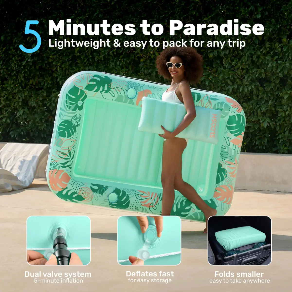 Sloosh Inflatable Tanning Pool Lounger Float 203cm x 117cm (80" x 46") | Personal Sunbathing Oasis with Pillow & Drink Holders - view 6